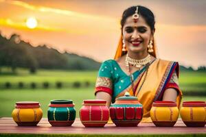 a woman in traditional indian dress is holding colorful pots. AI-Generated photo