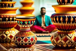 a man sitting in front of colorful vases. AI-Generated photo