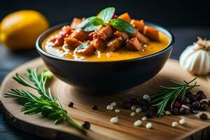 a bowl of soup with meat and herbs on a wooden board. AI-Generated photo