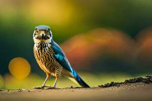 un pájaro con azul y blanco plumas en pie en el suelo. generado por ai foto