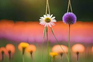 two flowers hanging from a string in a field. AI-Generated photo