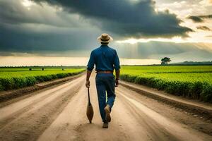 un hombre caminando abajo un suciedad la carretera con un palo. generado por ai foto