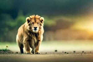 león caminando en el la carretera. generado por ai foto