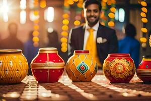 a man in a suit standing in front of colorful vases. AI-Generated photo
