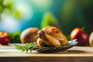 a chicken on a wooden cutting board with tomatoes and herbs. AI-Generated photo