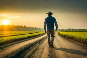 a man walking down a dirt road in a field. AI-Generated photo