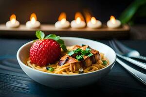 a bowl of noodles with meat and strawberries on a table. AI-Generated photo