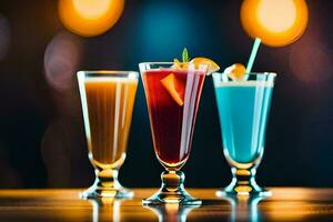 three different colored drinks in glasses on a table. AI-Generated photo