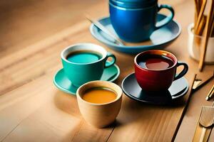 colorful cups of coffee on a wooden table. AI-Generated photo