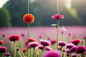 un mariposa es colgando desde un cuerda en un campo de flores generado por ai foto