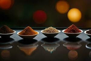 five different types of spices in bowls. AI-Generated photo