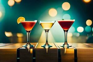 three different cocktails on a wooden table. AI-Generated photo