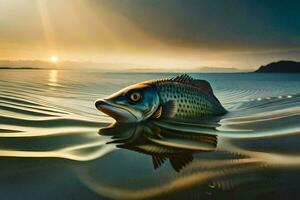 un pescado nadando en el agua a puesta de sol. generado por ai foto