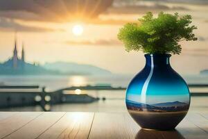 a vase with a plant in it on a table. AI-Generated photo