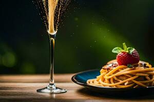 spaghetti with a strawberry and a glass of champagne. AI-Generated photo