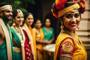 a bride in traditional indian attire with her bridesmaids. AI-Generated photo