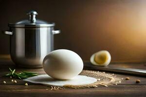 a ball of egg sitting on a table next to a pot. AI-Generated photo