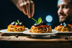 a man is holding a plate of spaghetti. AI-Generated photo