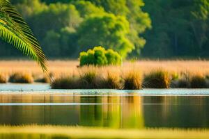 a lake with tall grass and trees in the background. AI-Generated photo