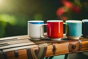 five colorful coffee mugs on a wooden table. AI-Generated photo