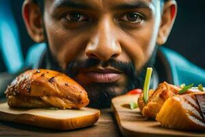 a man with a beard and a beard is looking at a plate of food. AI-Generated photo
