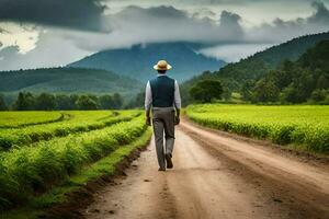 a man in a hat walks down a dirt road in a field. AI-Generated photo