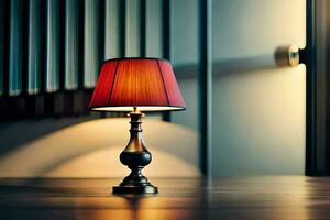 a lamp on a table in front of a door. AI-Generated photo