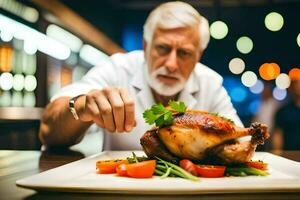 an older man is eating a chicken on a plate. AI-Generated photo