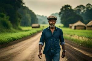 a man walking down a dirt road with a hat on. AI-Generated photo