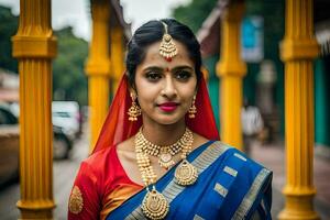 beautiful indian bride in traditional sari. AI-Generated photo