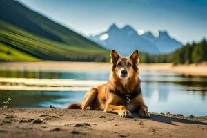 a dog sitting on the shore of a lake with mountains in the background. AI-Generated photo