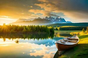 the dolomites, italy, lake, mountains, reflection, boat, nature,. AI-Generated photo