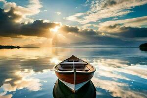 a boat floating in the water with clouds reflecting in the water. AI-Generated photo