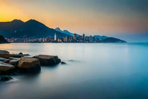 el ciudad horizonte es visto en el distancia a puesta de sol. generado por ai foto