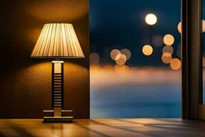 a lamp sitting on a table in front of a window. AI-Generated photo