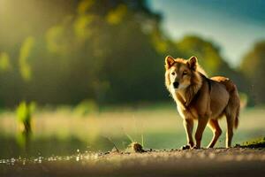 a dog is standing on the shore of a lake. AI-Generated photo