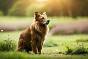 a dog sitting in the grass with purple flowers. AI-Generated photo