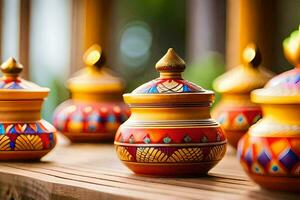 colorful pots on a wooden table. AI-Generated photo