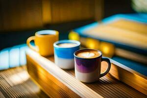 three coffee cups on a wooden tray. AI-Generated photo