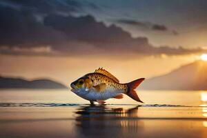 a fish is standing on the beach at sunset. AI-Generated photo