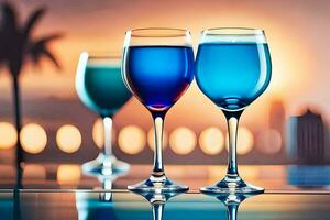 two wine glasses with blue liquid in them on a table. AI-Generated photo