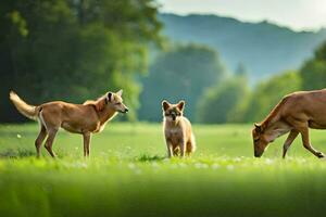 three dogs are standing in the grass. AI-Generated photo
