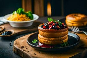 a stack of pancakes with berries and cheese. AI-Generated photo