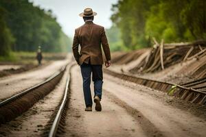 un hombre en un traje y sombrero caminando en ferrocarril pistas generado por ai foto