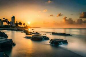 the sun sets over the ocean and rocks in front of a beach. AI-Generated photo