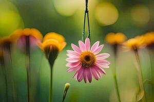 a pink flower is hanging from a chain. AI-Generated photo