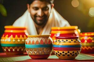 a man smiles while holding colorful pots. AI-Generated photo