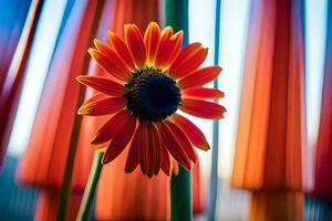 a red flower is in front of a group of colorful poles. AI-Generated photo