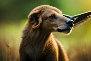 un perro con un pájaro en sus boca. generado por ai foto