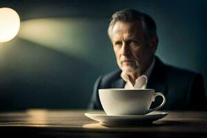 a man in a suit sits at a table with a cup of coffee. AI-Generated photo